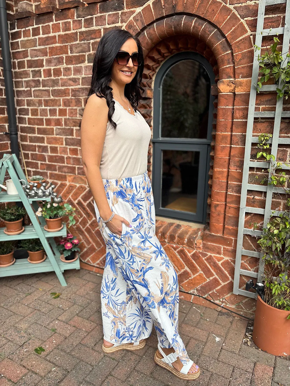 Blue Tropical Print Wide Leg Trousers