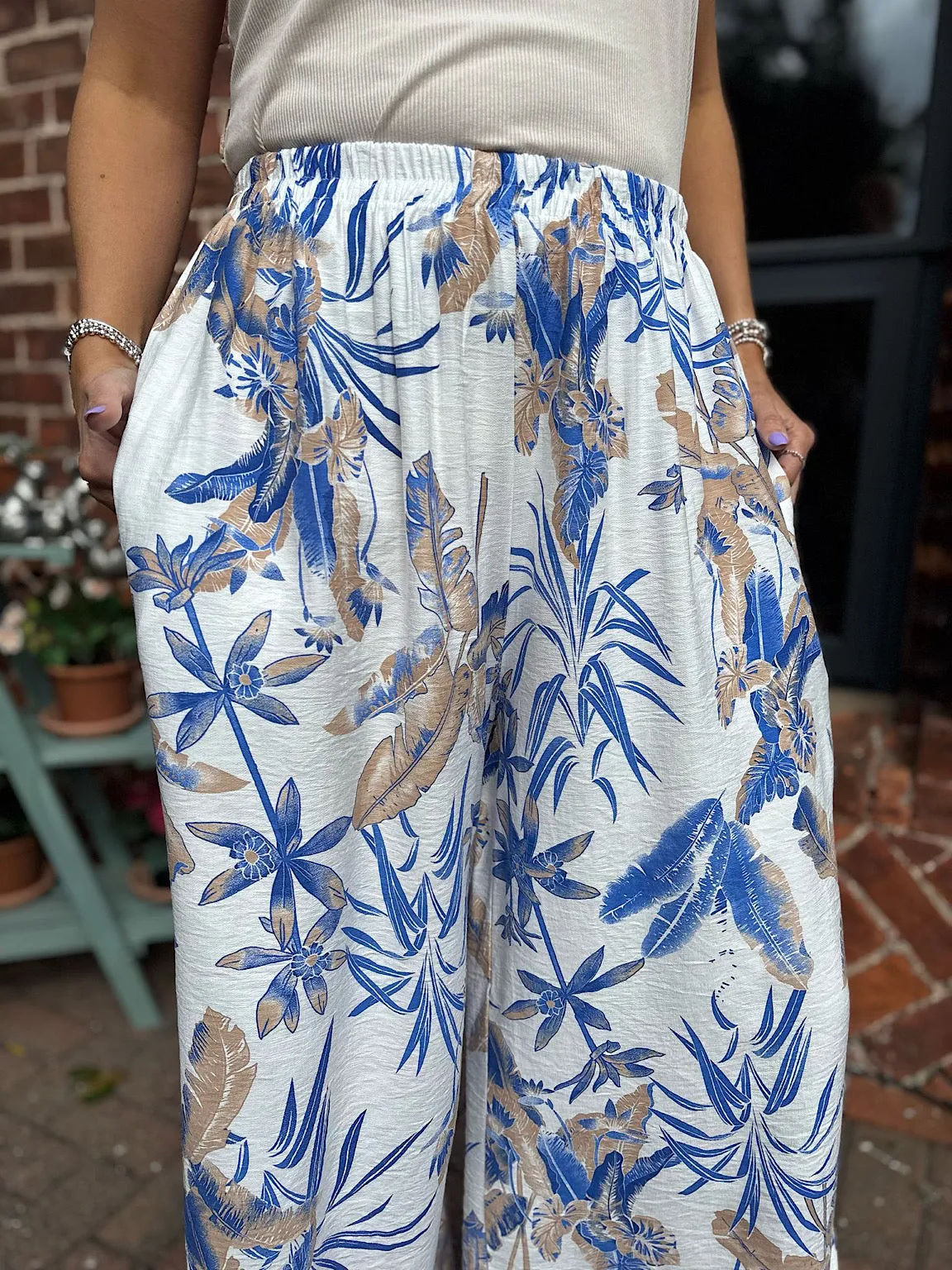 Blue Tropical Print Wide Leg Trousers