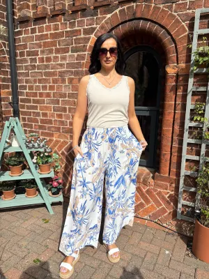 Blue Tropical Print Wide Leg Trousers