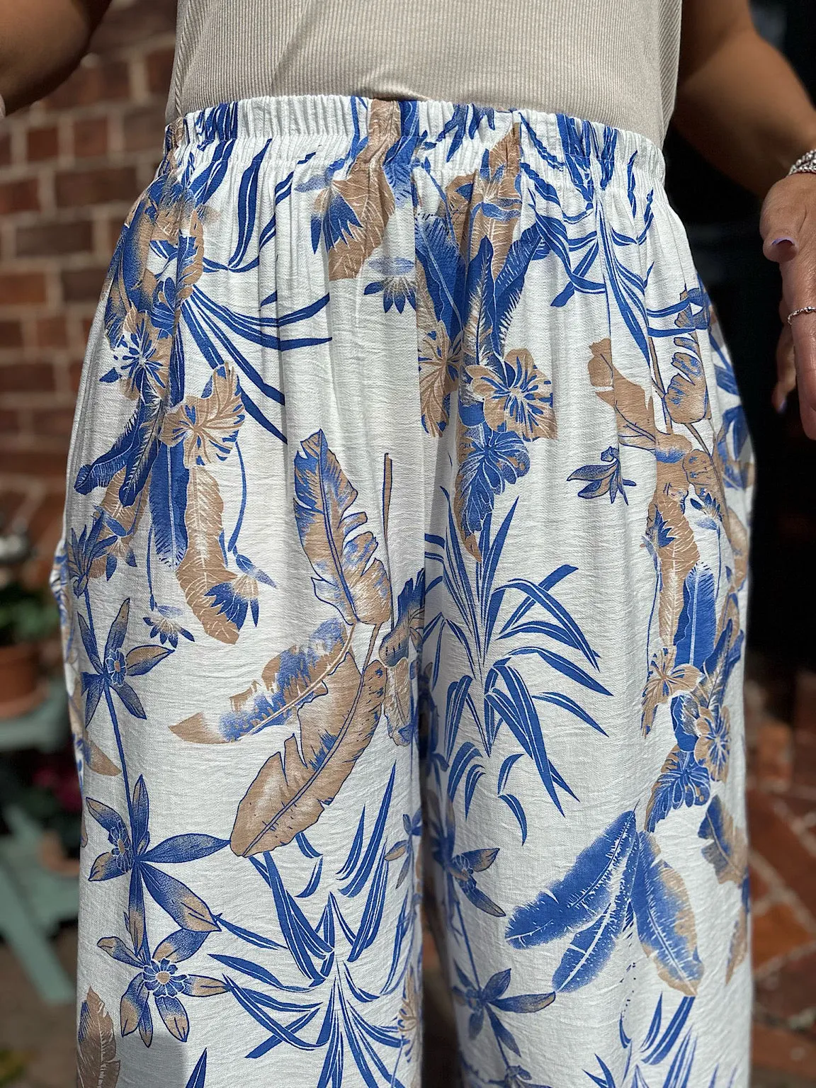 Blue Tropical Print Wide Leg Trousers