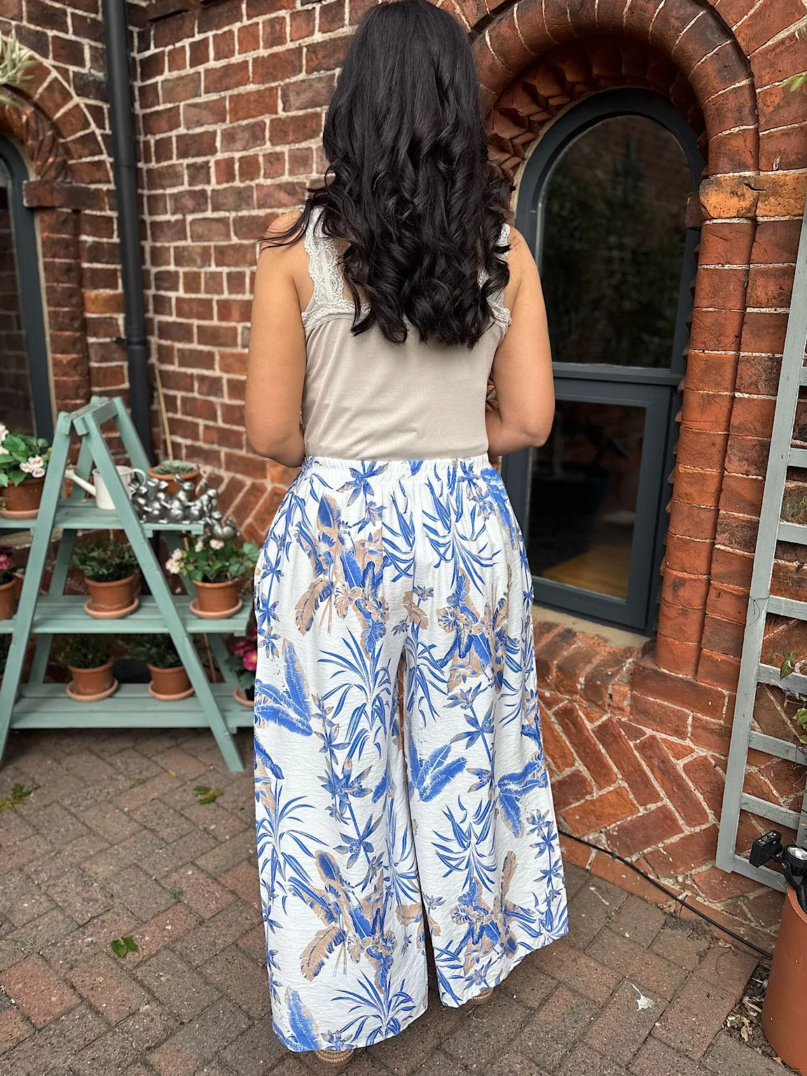 Blue Tropical Print Wide Leg Trousers