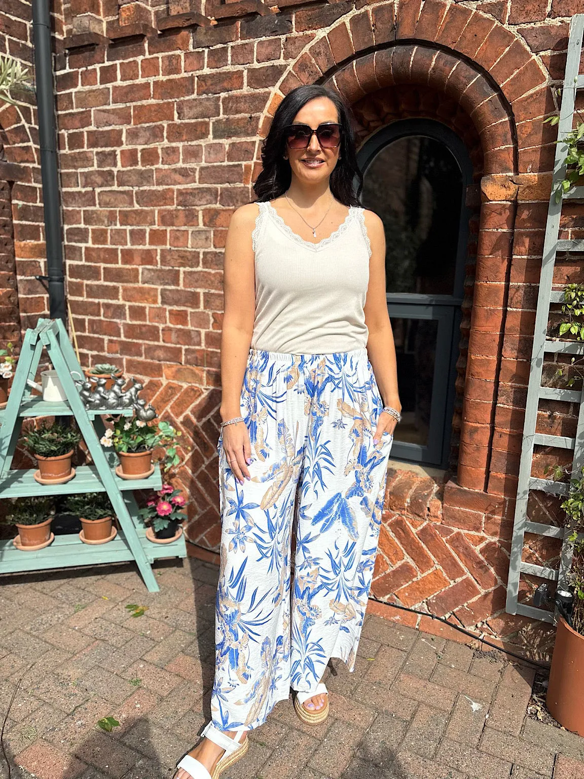 Blue Tropical Print Wide Leg Trousers