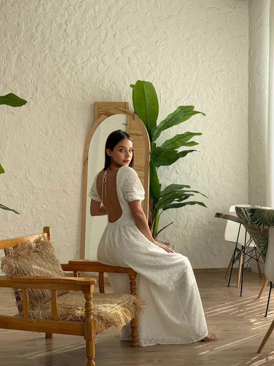 Breezy Boho Maxi: White Open Back Dress for Summer Days