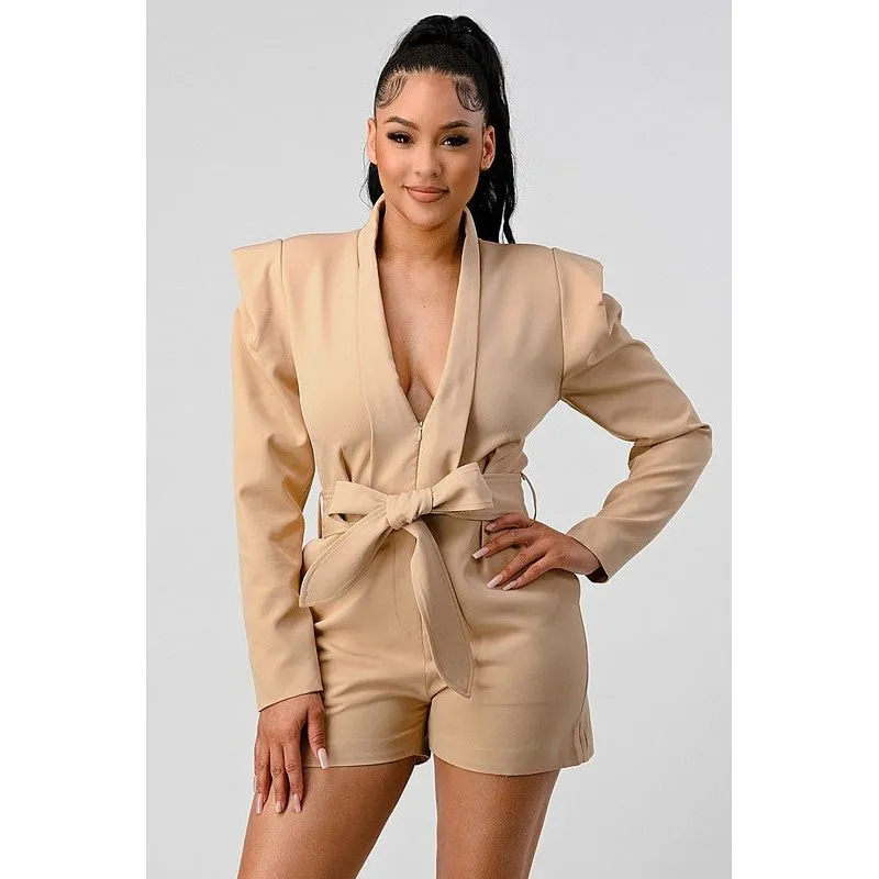 Business casual blazer romper with belt