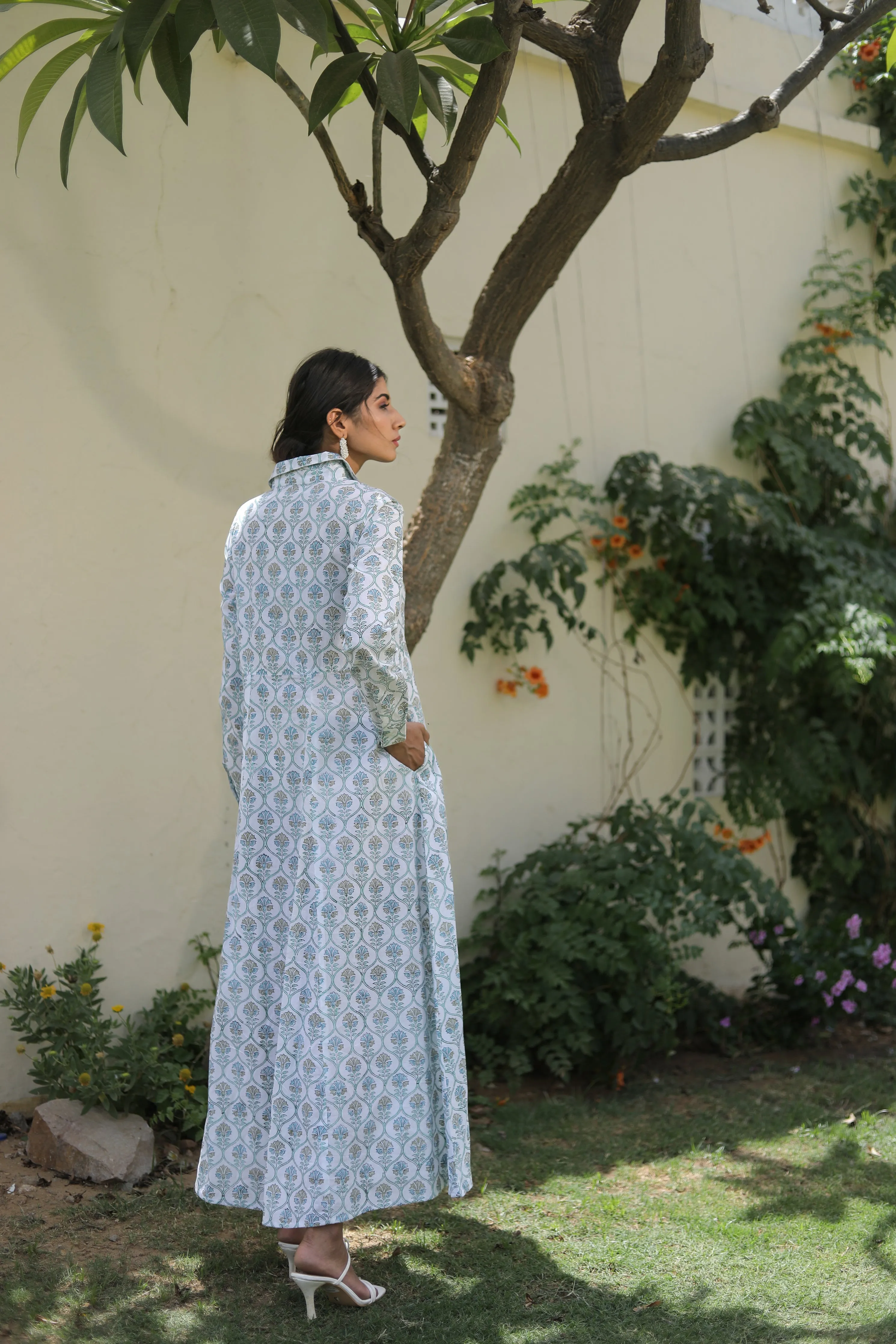 collared cotton maxi long sleeve dresses on white base