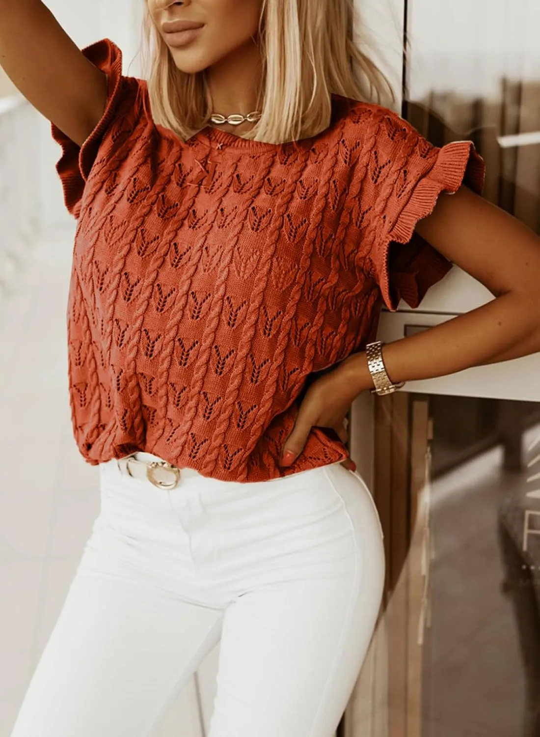 Dokotoo Womens Sweaters Spring Summer Short Sleeve Sweater Pullover Crochet Tops Business Casual Blouses