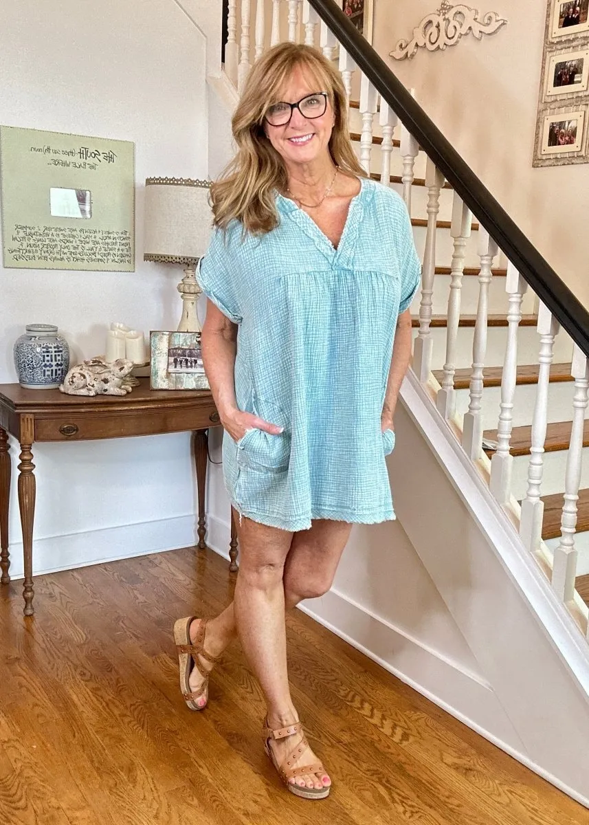 Dusty Teal Gauze Dress - Zenana - Olive Branch, MS