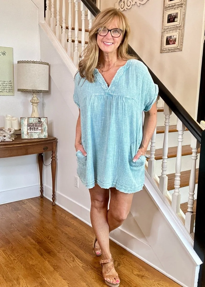 Dusty Teal Gauze Dress - Zenana - Olive Branch, MS