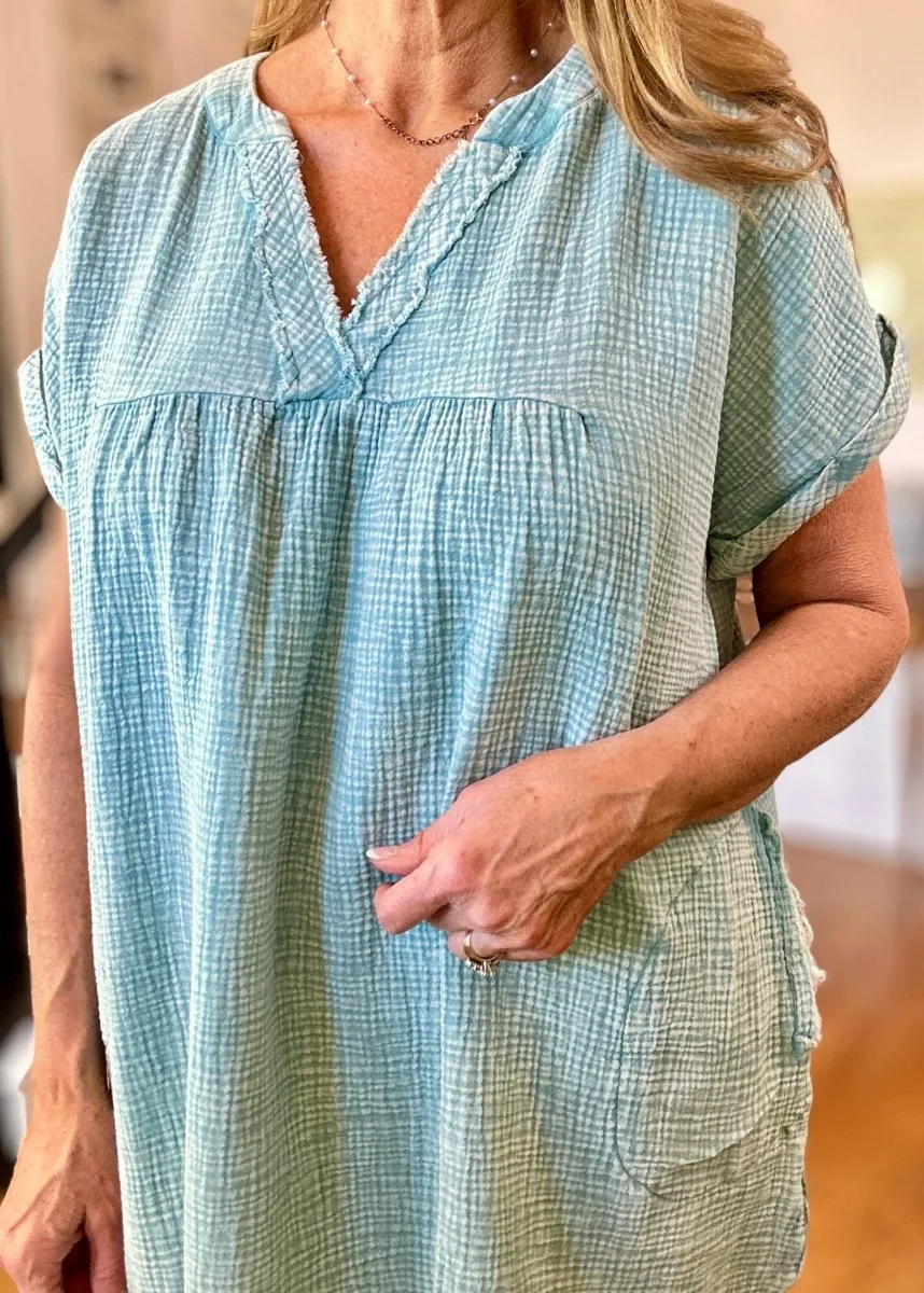 Dusty Teal Gauze Dress - Zenana - Olive Branch, MS