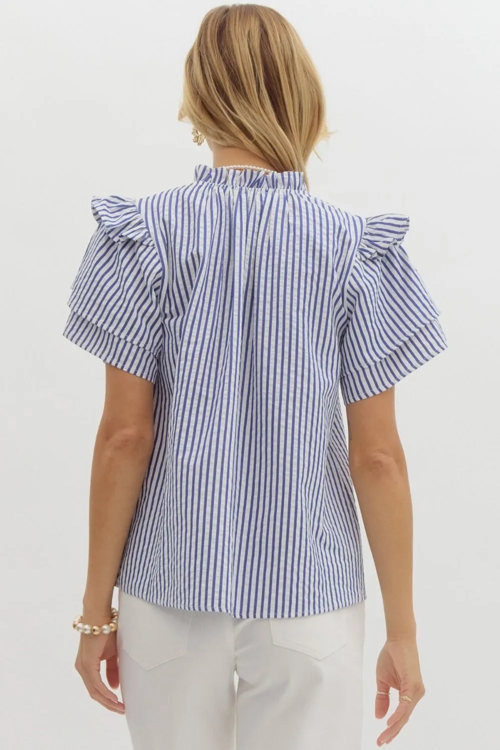 Entro Striped Seersucker Ruffle Sleeve Top  Classic & Breezy