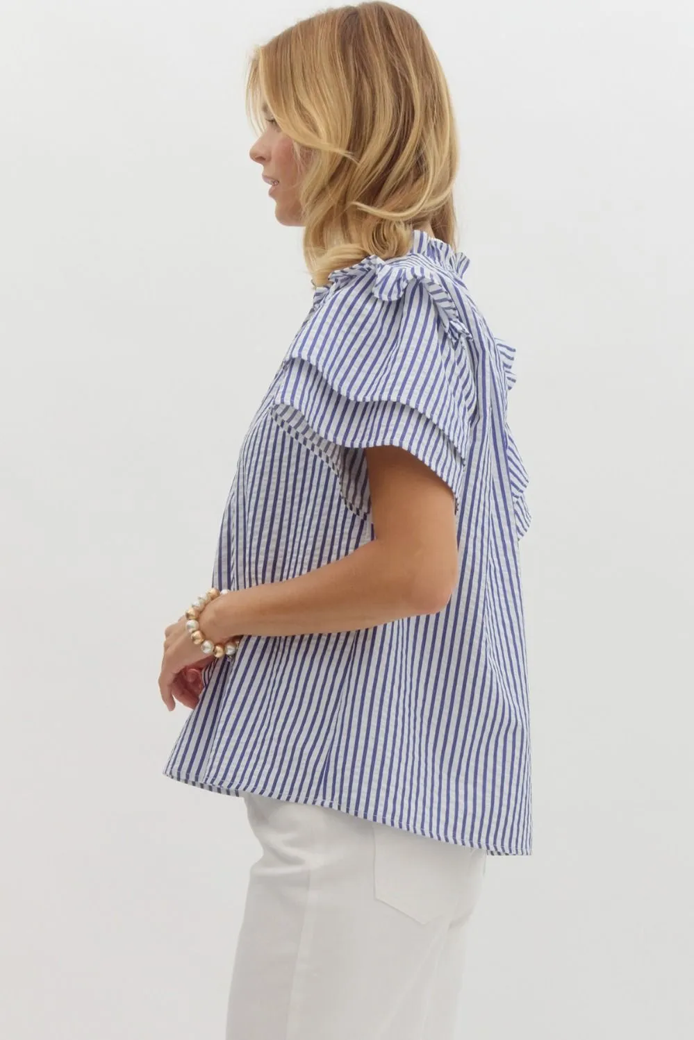Entro Striped Seersucker Ruffle Sleeve Top  Classic & Breezy