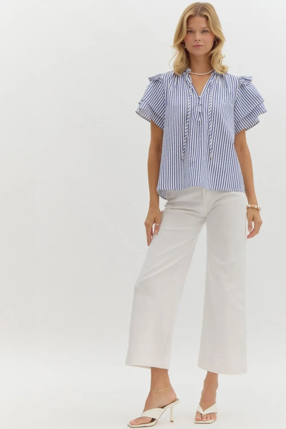 Entro Striped Seersucker Ruffle Sleeve Top  Classic & Breezy