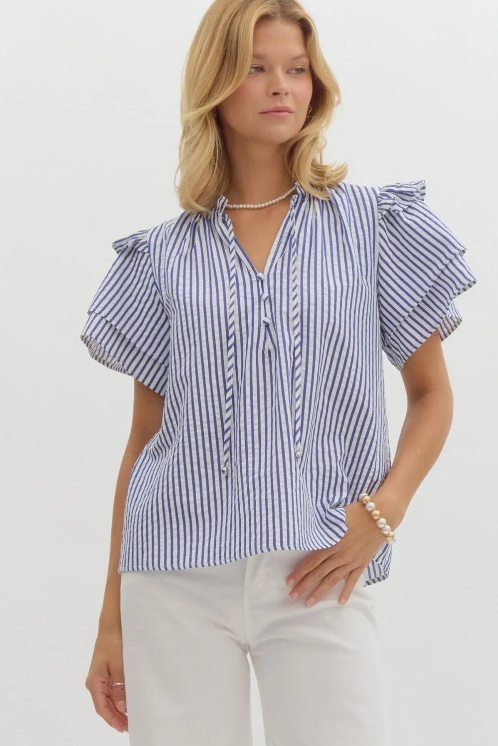 Entro Striped Seersucker Ruffle Sleeve Top  Classic & Breezy