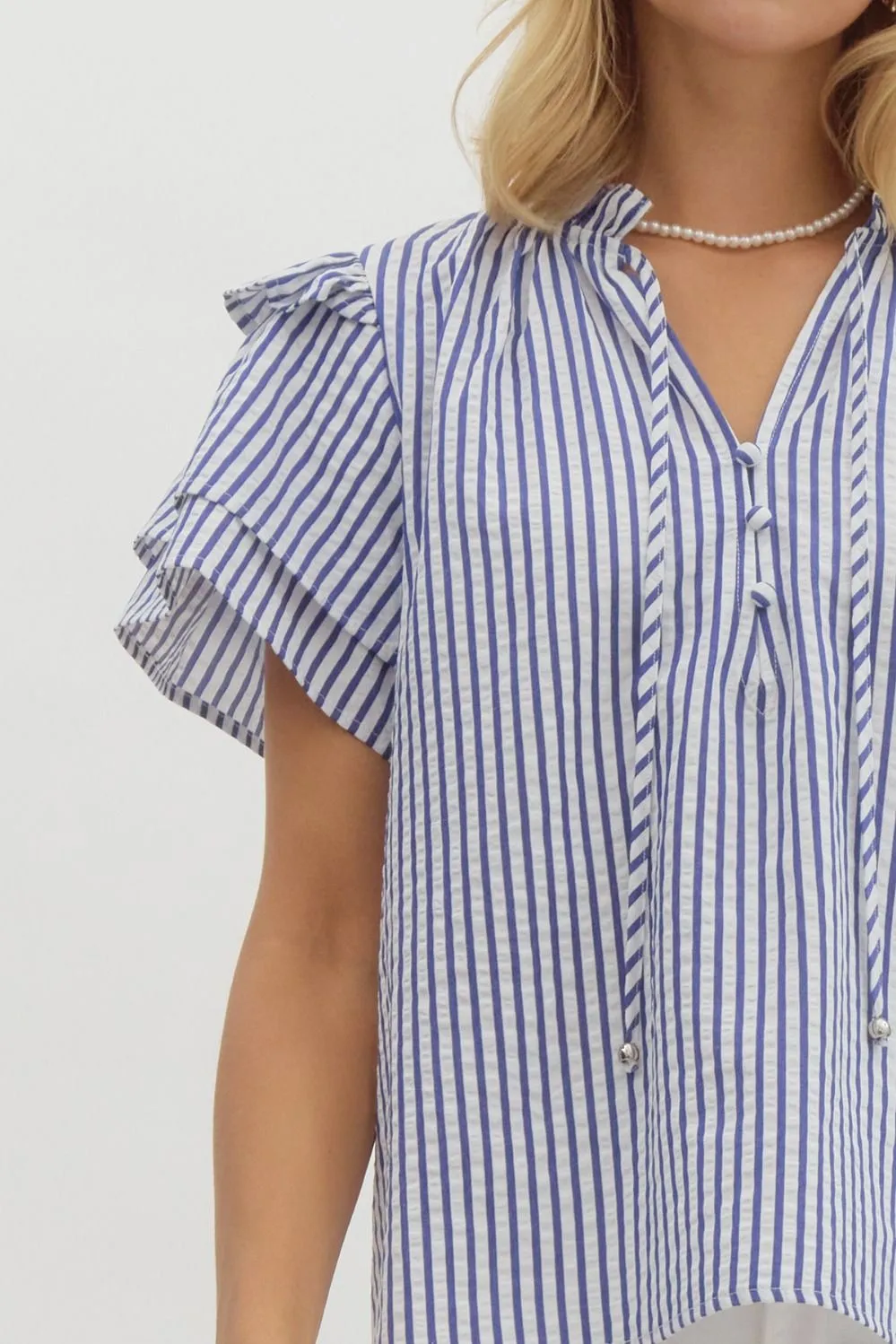 Entro Striped Seersucker Ruffle Sleeve Top  Classic & Breezy
