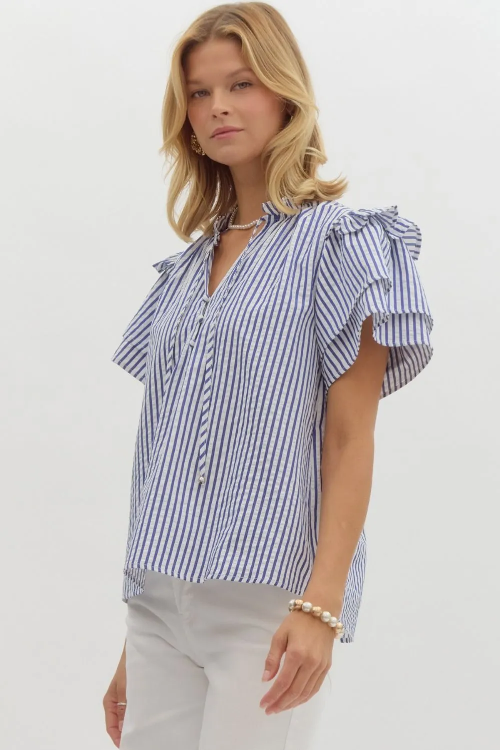 Entro Striped Seersucker Ruffle Sleeve Top  Classic & Breezy