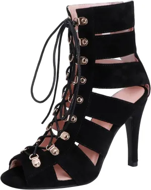 FENIKUSU Women's Ballroom Dance Shoes Peep Toe Suede Stiletto Sandals Heeled Dancing Bootie F25