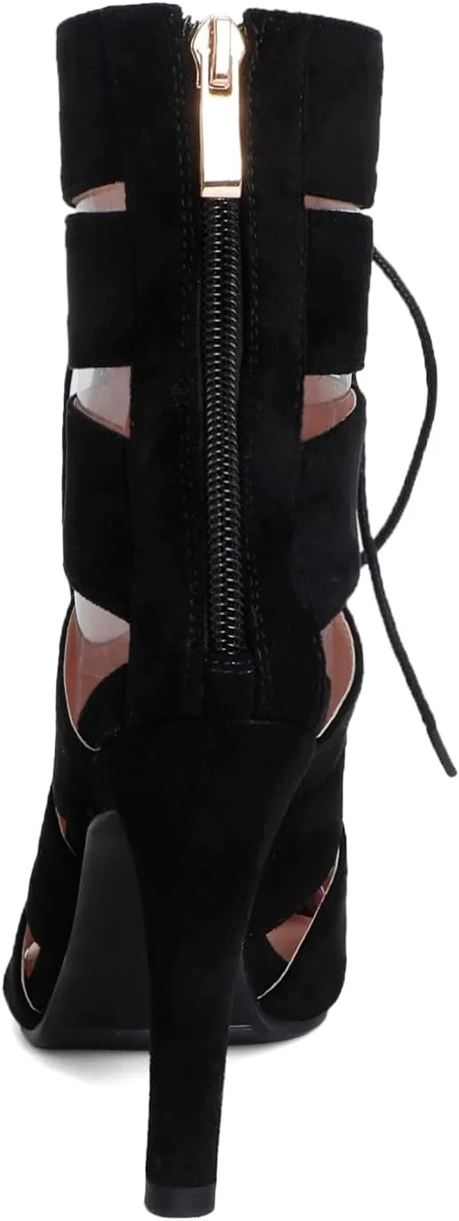 FENIKUSU Women's Ballroom Dance Shoes Peep Toe Suede Stiletto Sandals Heeled Dancing Bootie F25
