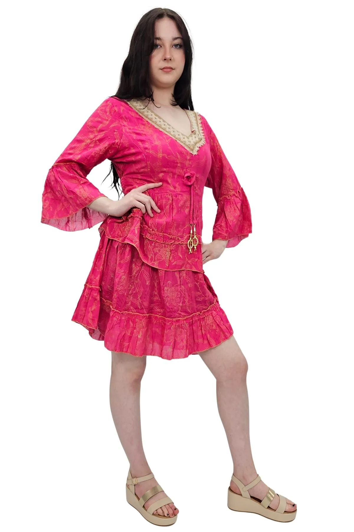 Floral Print Embroidered V Neck Dress