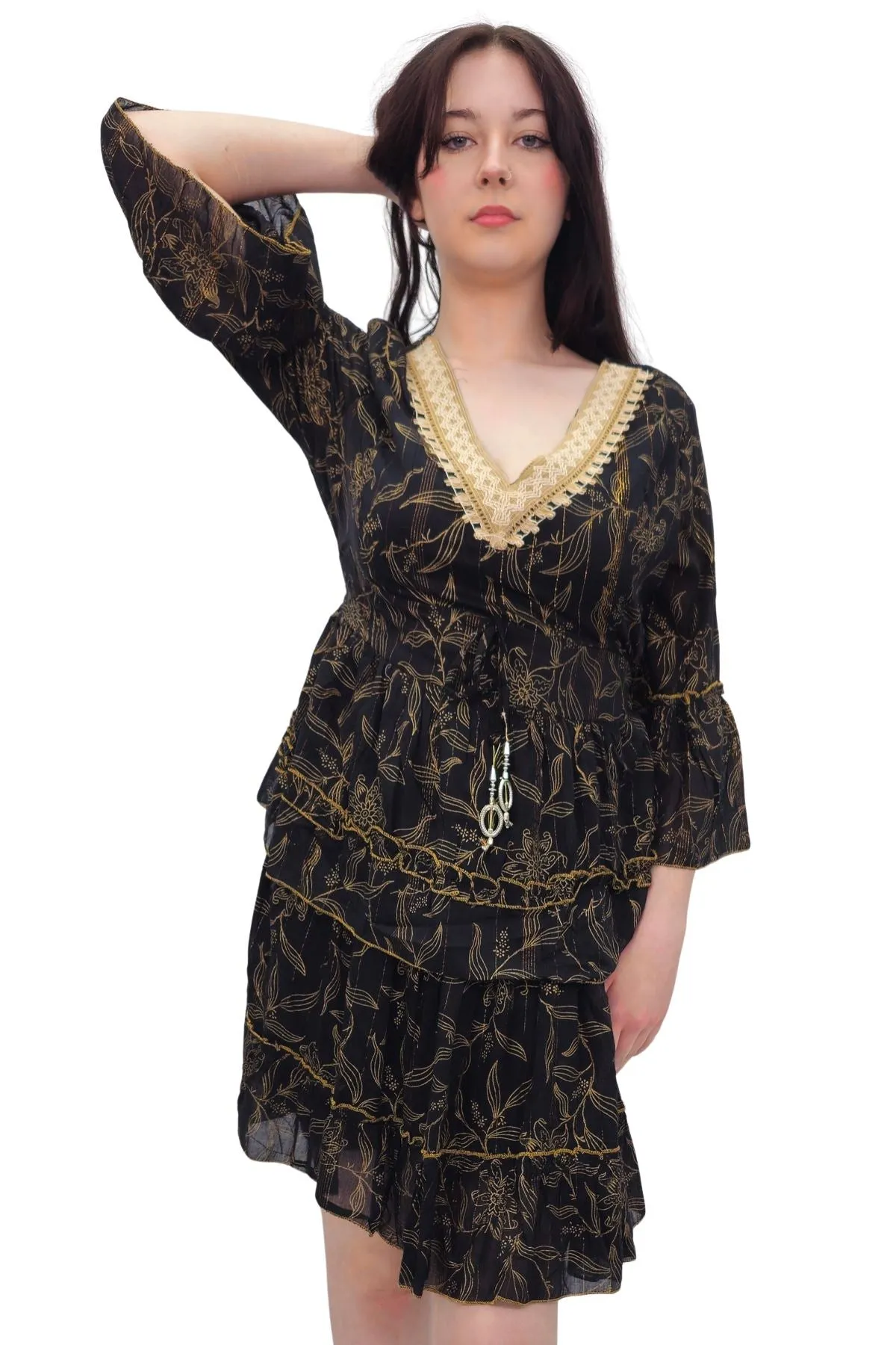 Floral Print Embroidered V Neck Dress