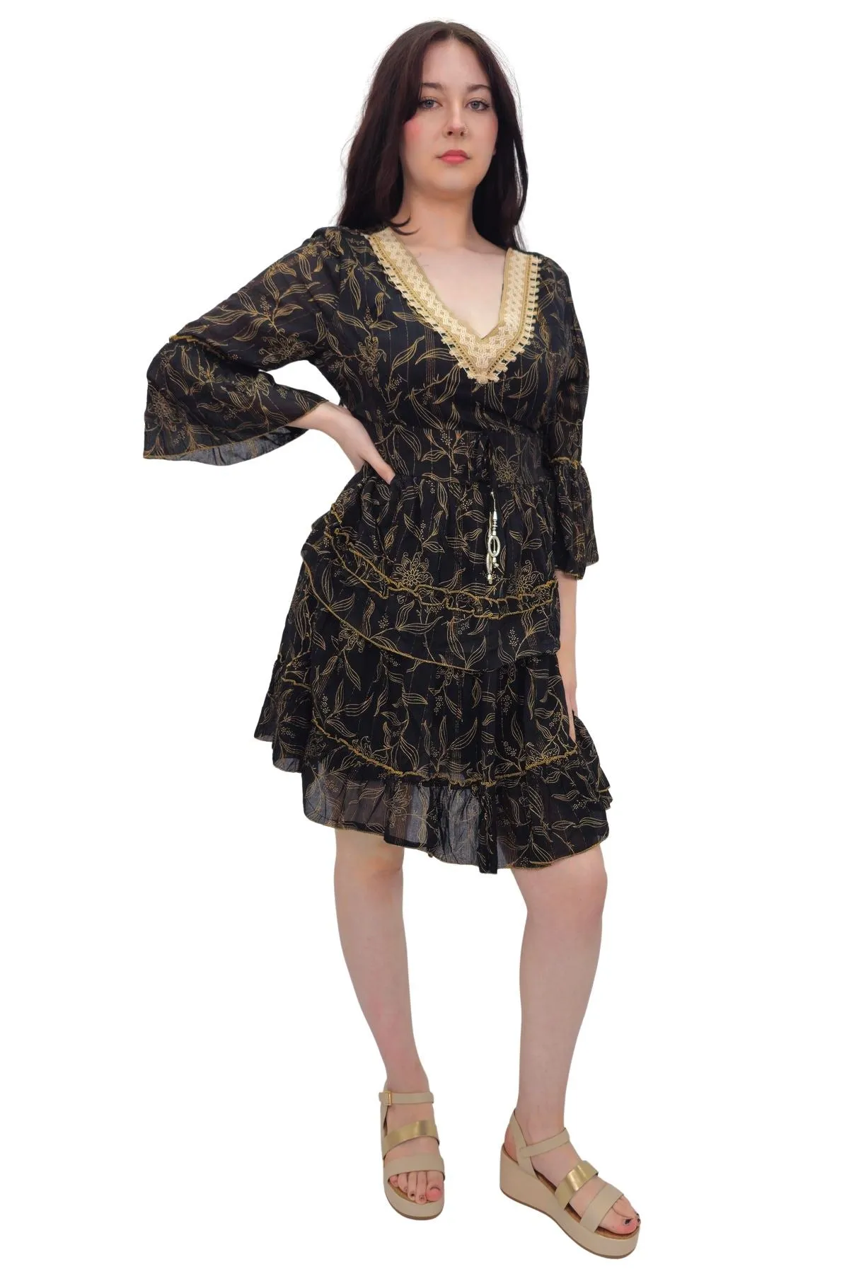 Floral Print Embroidered V Neck Dress