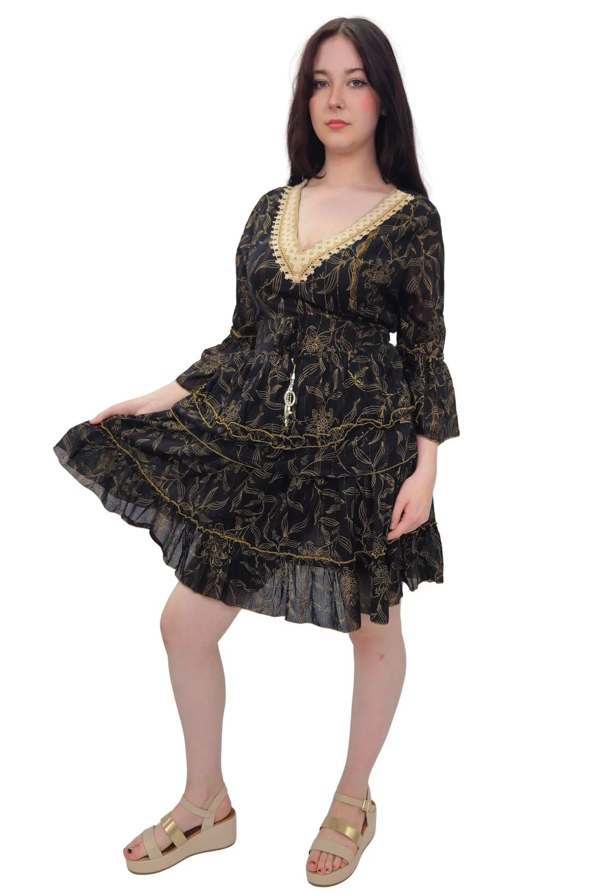Floral Print Embroidered V Neck Dress