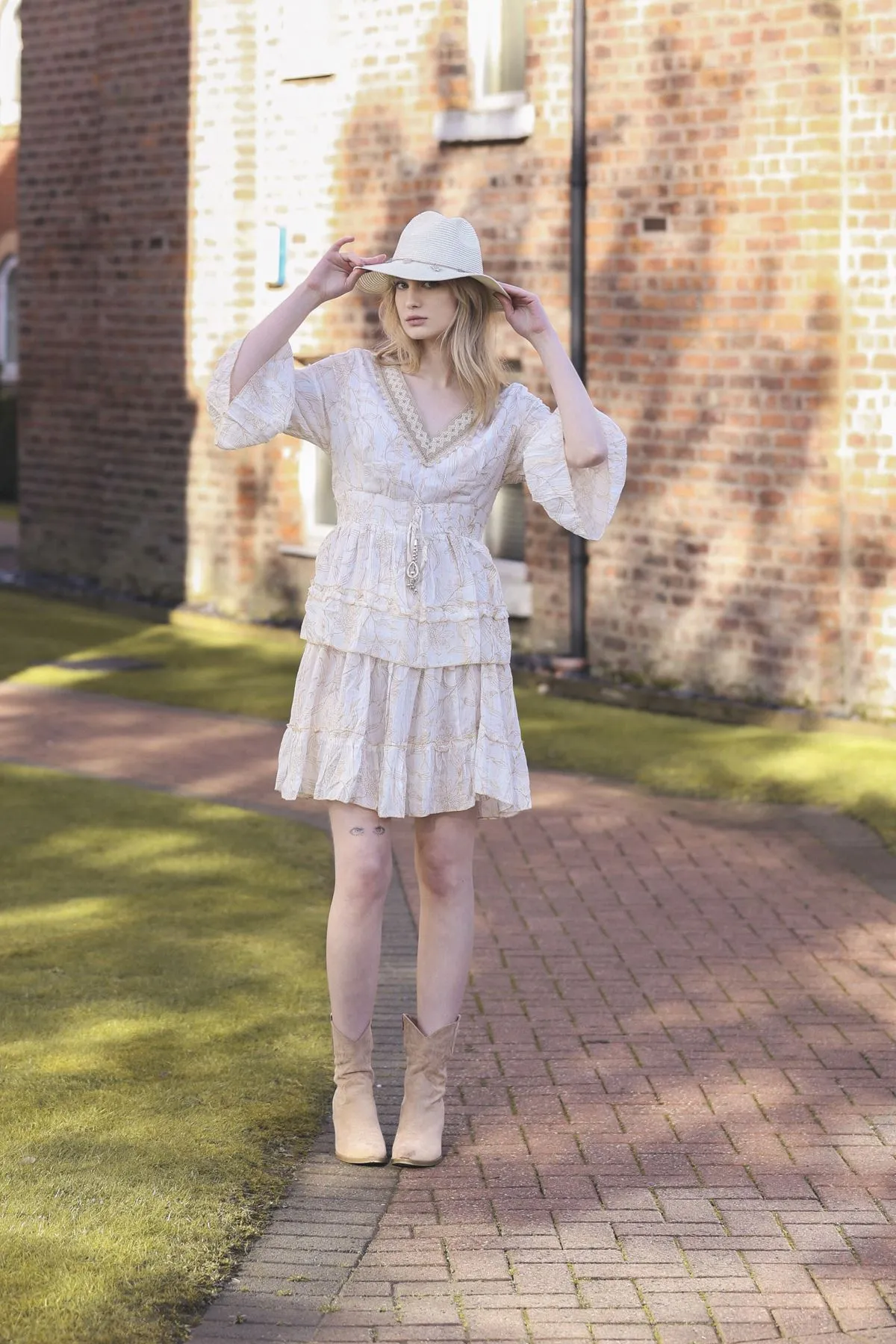 Floral Print Embroidered V Neck Dress