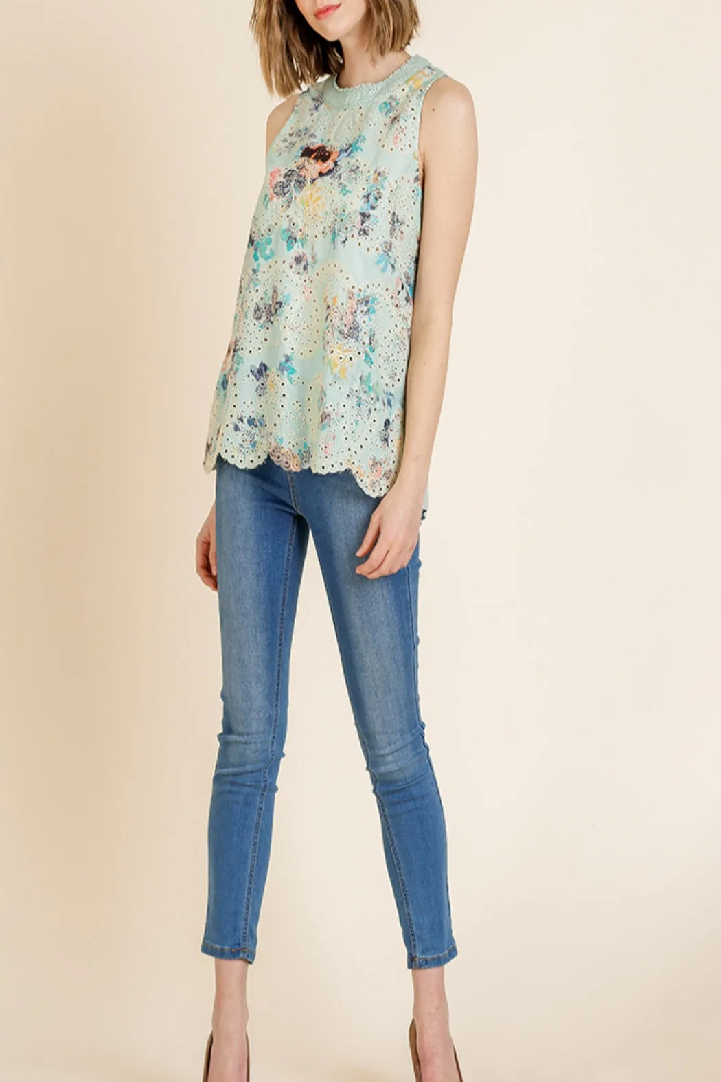 Floral Print Eyelet Top