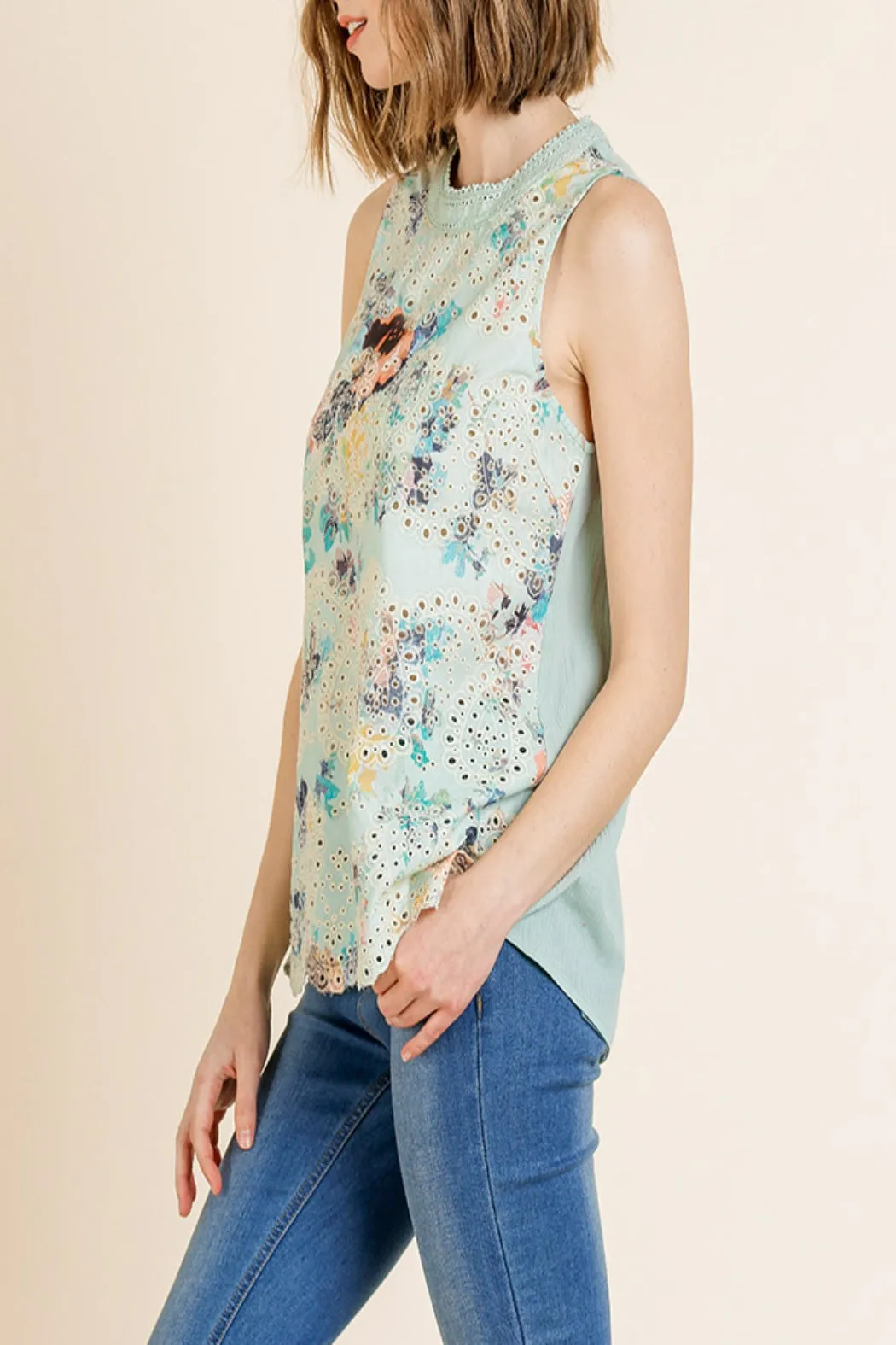 Floral Print Eyelet Top