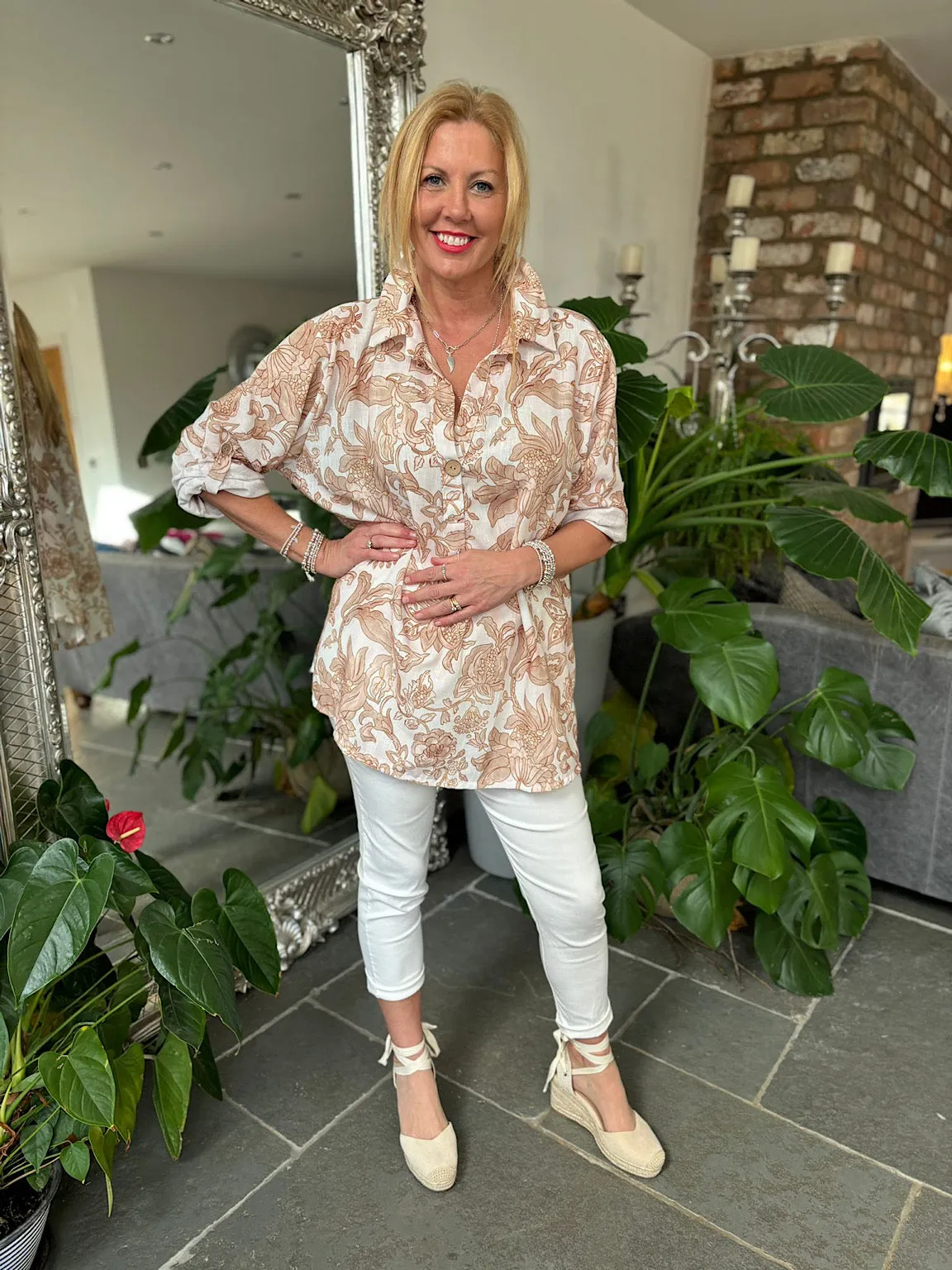 Gold Linen Blend Botanical Blouse Martha
