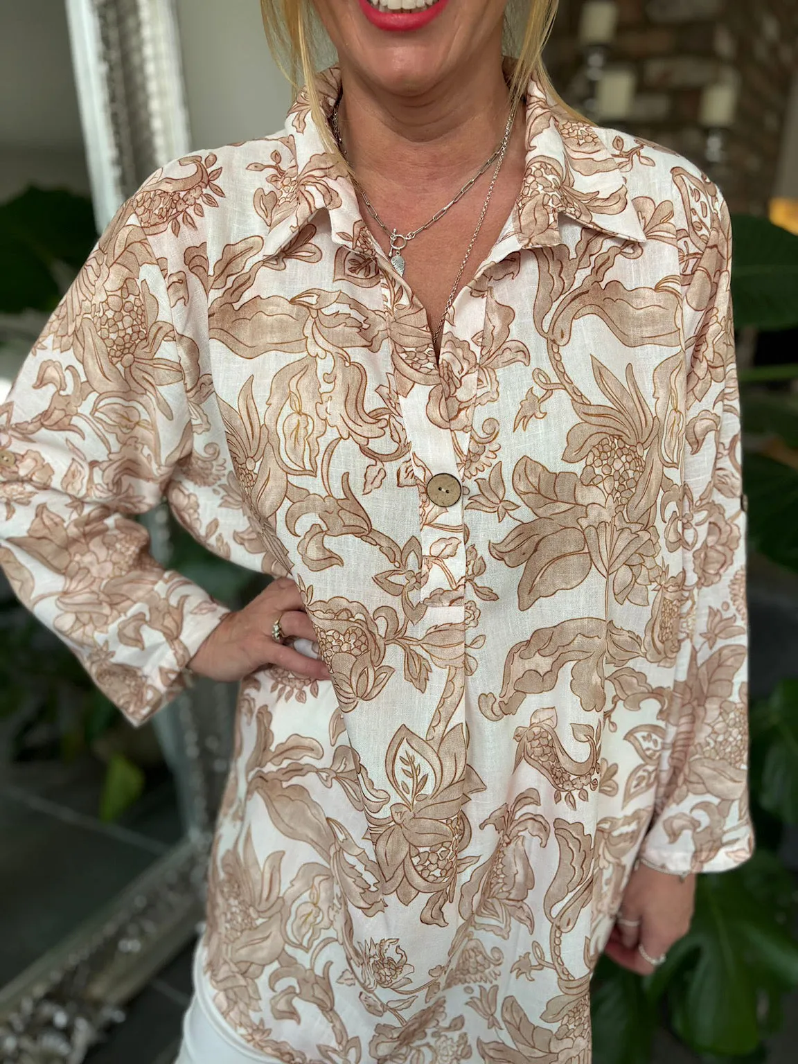 Gold Linen Blend Botanical Blouse Martha