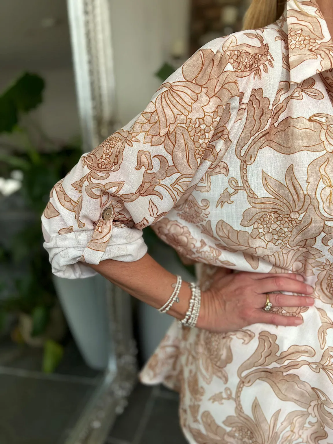 Gold Linen Blend Botanical Blouse Martha