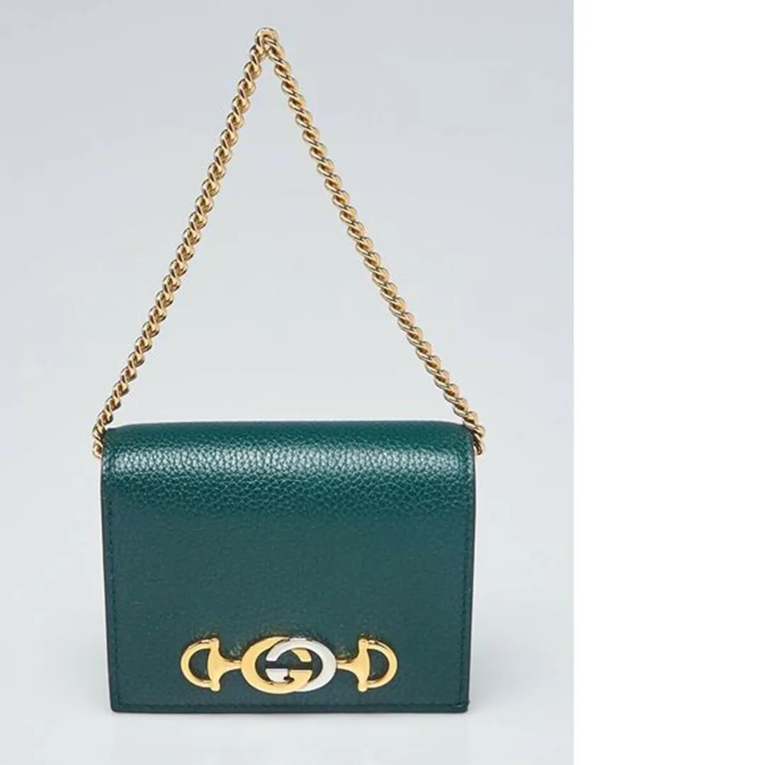 Gucci Zumi Chain Mini Bag Vintage Green Leather Card Case Gold Italy Handbag NEW