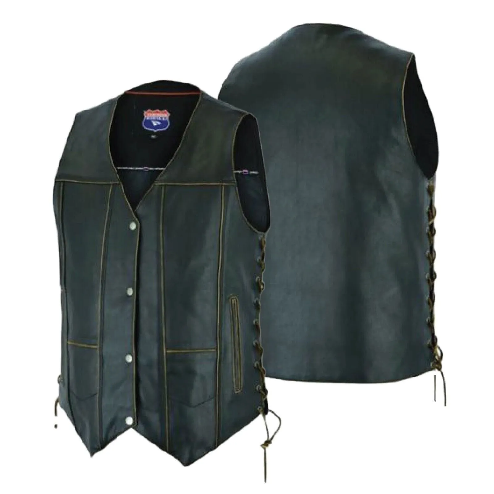 HL3540RUB-BRN Antique Brown Men's Leather Vest 7 Pockets Biker Real Cowhide