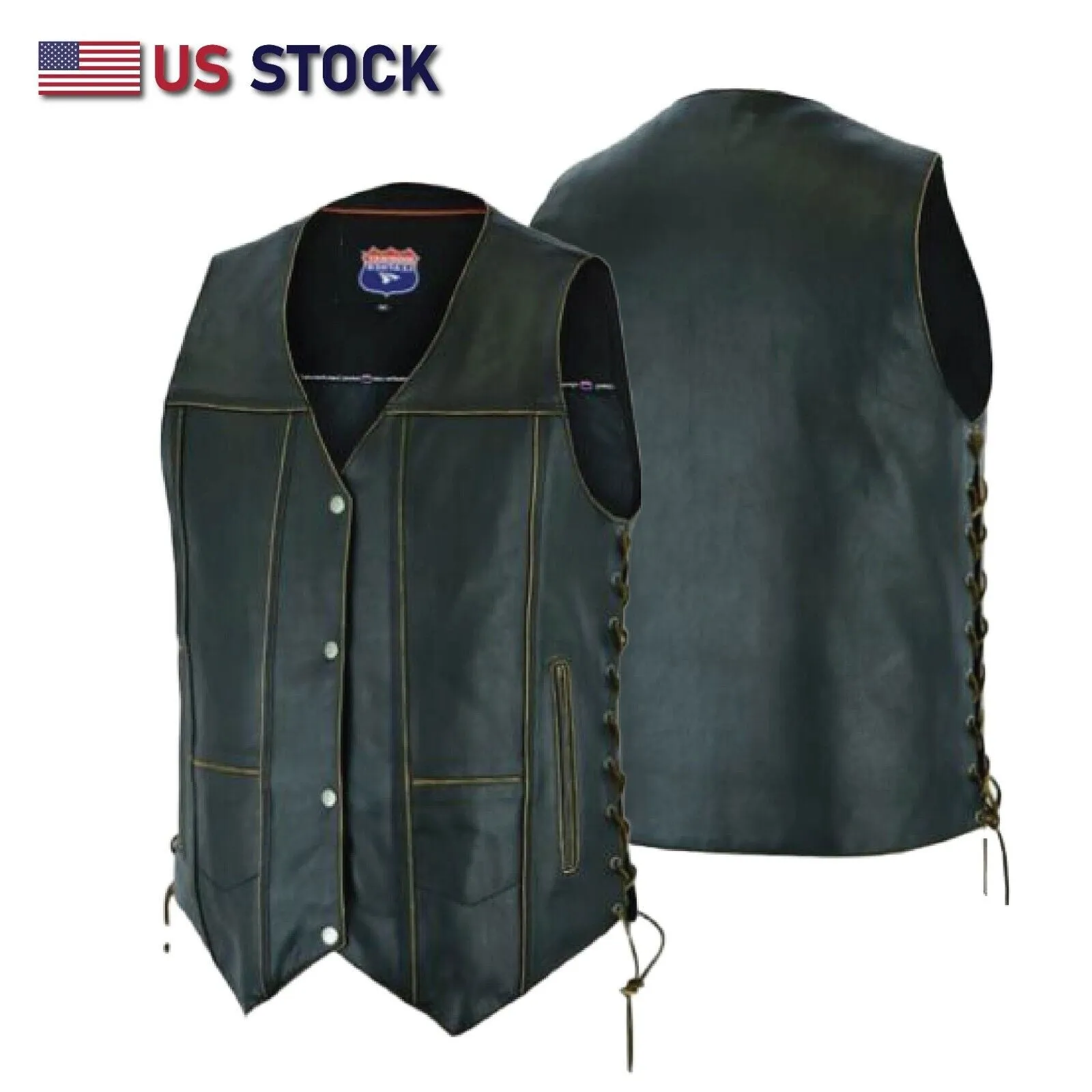 HL3540RUB-BRN Antique Brown Men's Leather Vest 7 Pockets Biker Real Cowhide