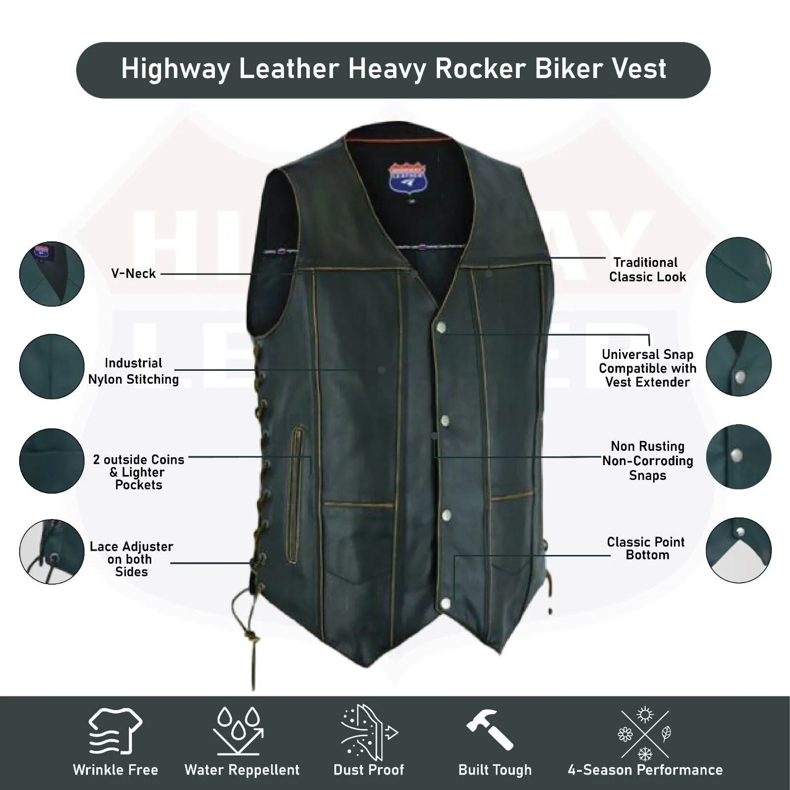 HL3540RUB-BRN Antique Brown Men's Leather Vest 7 Pockets Biker Real Cowhide