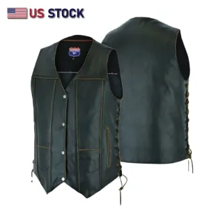 HL3540RUB-BRN Antique Brown Men's Leather Vest 7 Pockets Biker Real Cowhide