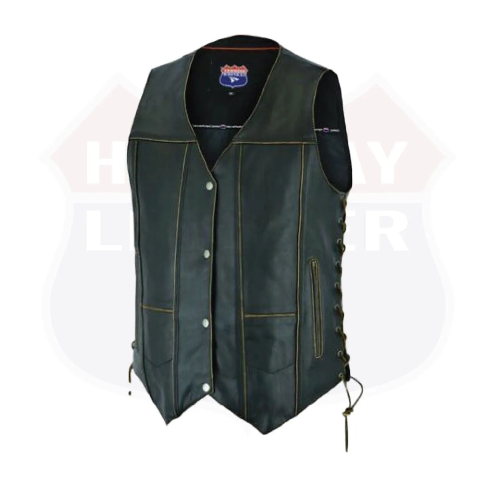 HL3540RUB-BRN Antique Brown Men's Leather Vest 7 Pockets Biker Real Cowhide