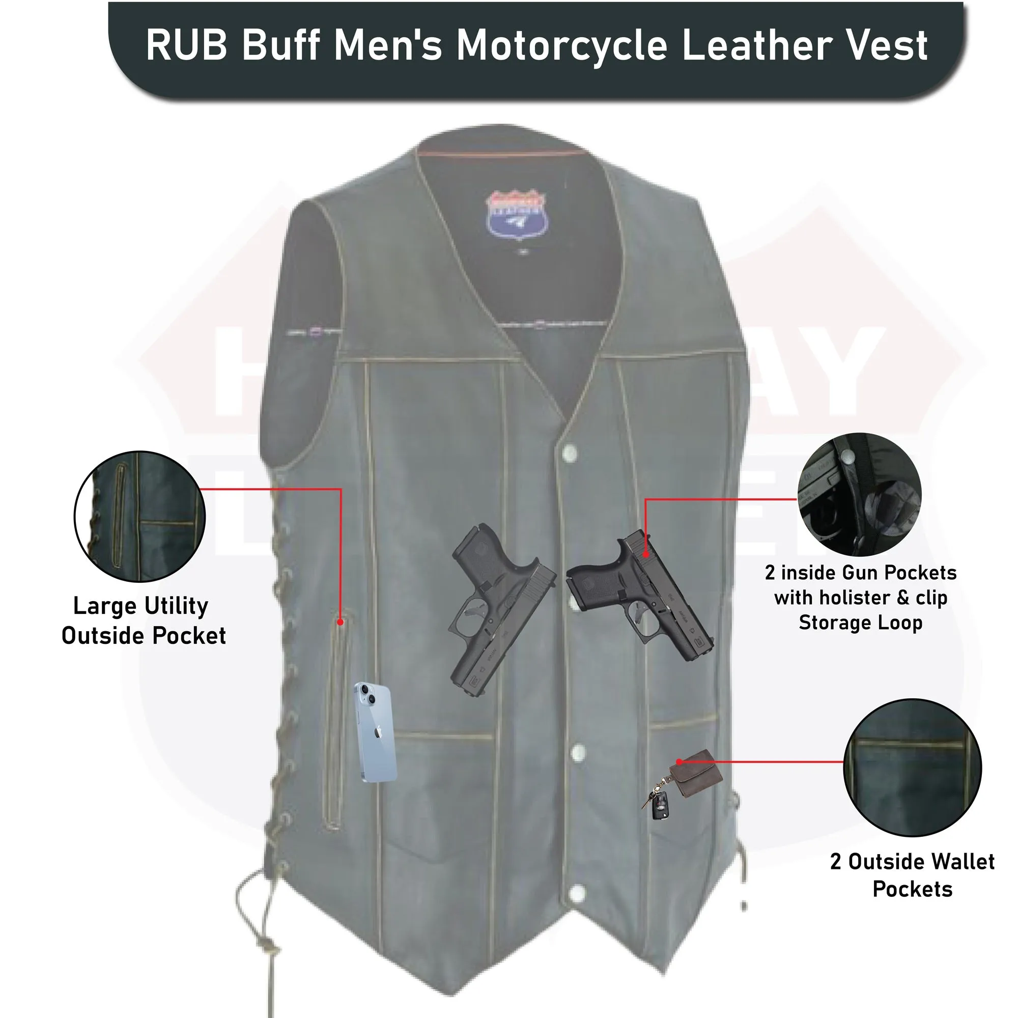 HL3540RUB-BRN Antique Brown Men's Leather Vest 7 Pockets Biker Real Cowhide