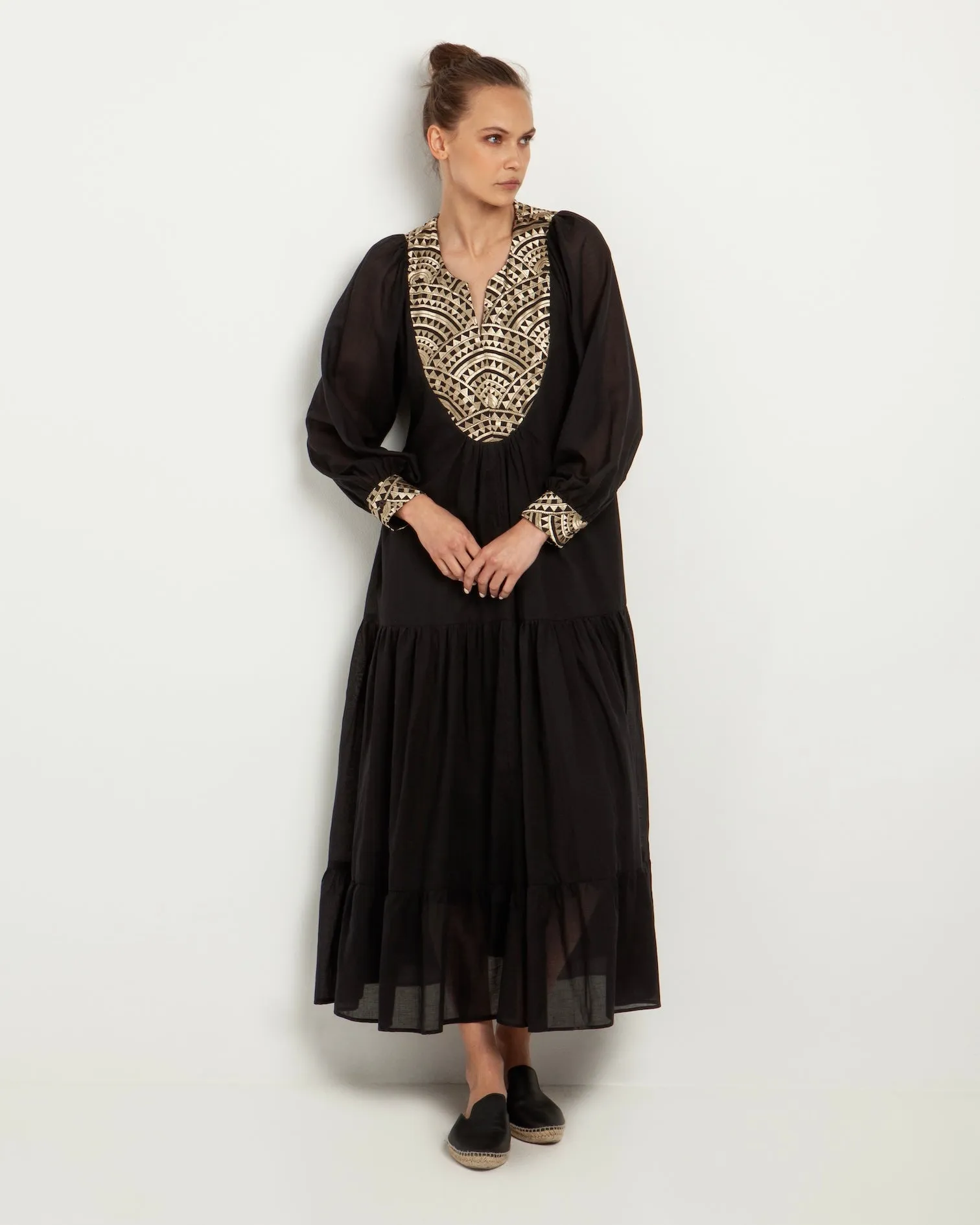 Kori Cotton Voile Maxi Dress | Black & Gold