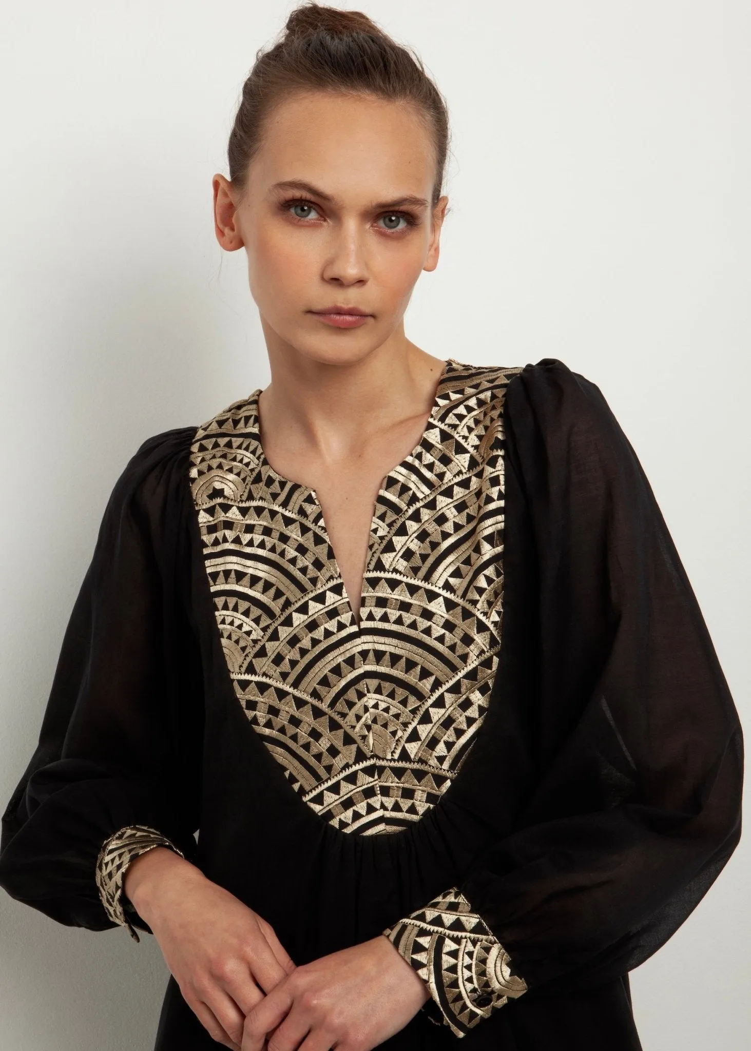 Kori Cotton Voile Maxi Dress | Black & Gold
