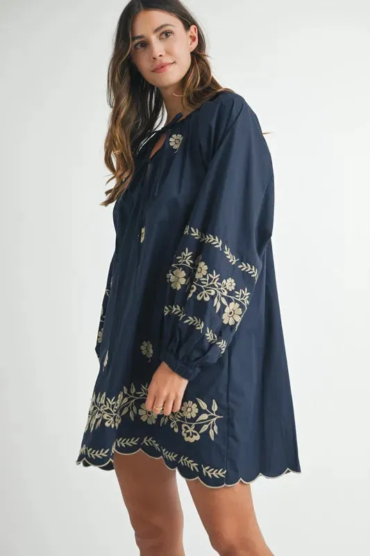 MABLE Embroidered Long Sleeve Peasant Mini Dress