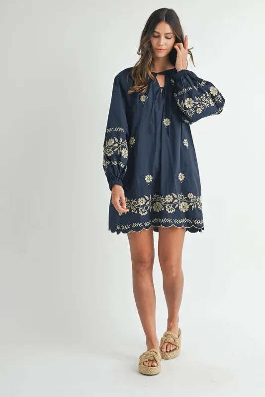 MABLE Embroidered Long Sleeve Peasant Mini Dress
