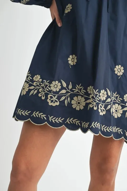 MABLE Embroidered Long Sleeve Peasant Mini Dress