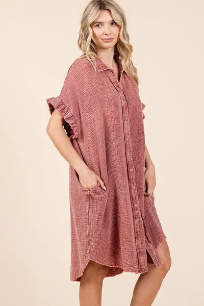 Mittoshop Mineral Wash Cotton Gauze Mini Shirt Dress In Rust