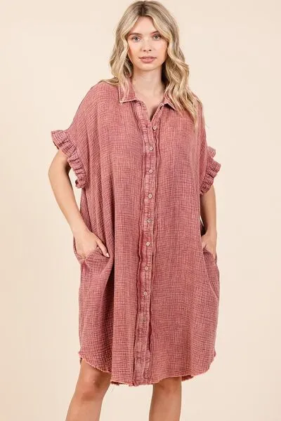 Mittoshop Mineral Wash Cotton Gauze Mini Shirt Dress In Rust