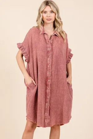 Mittoshop Mineral Wash Cotton Gauze Mini Shirt Dress In Rust