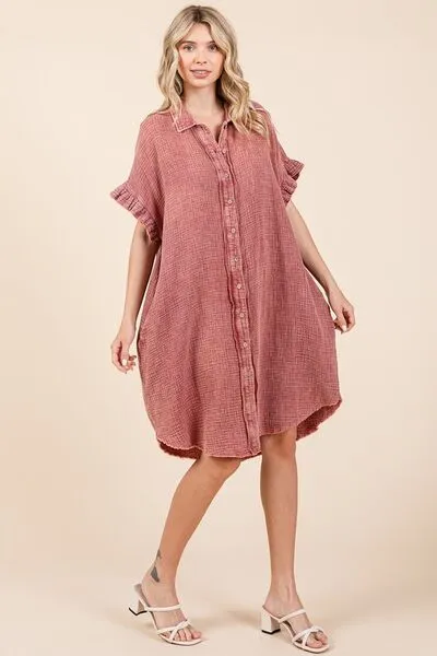 Mittoshop Mineral Wash Cotton Gauze Mini Shirt Dress In Rust