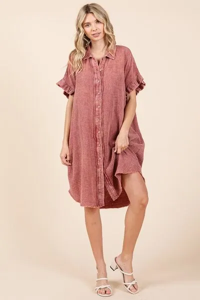 Mittoshop Mineral Wash Cotton Gauze Mini Shirt Dress In Rust