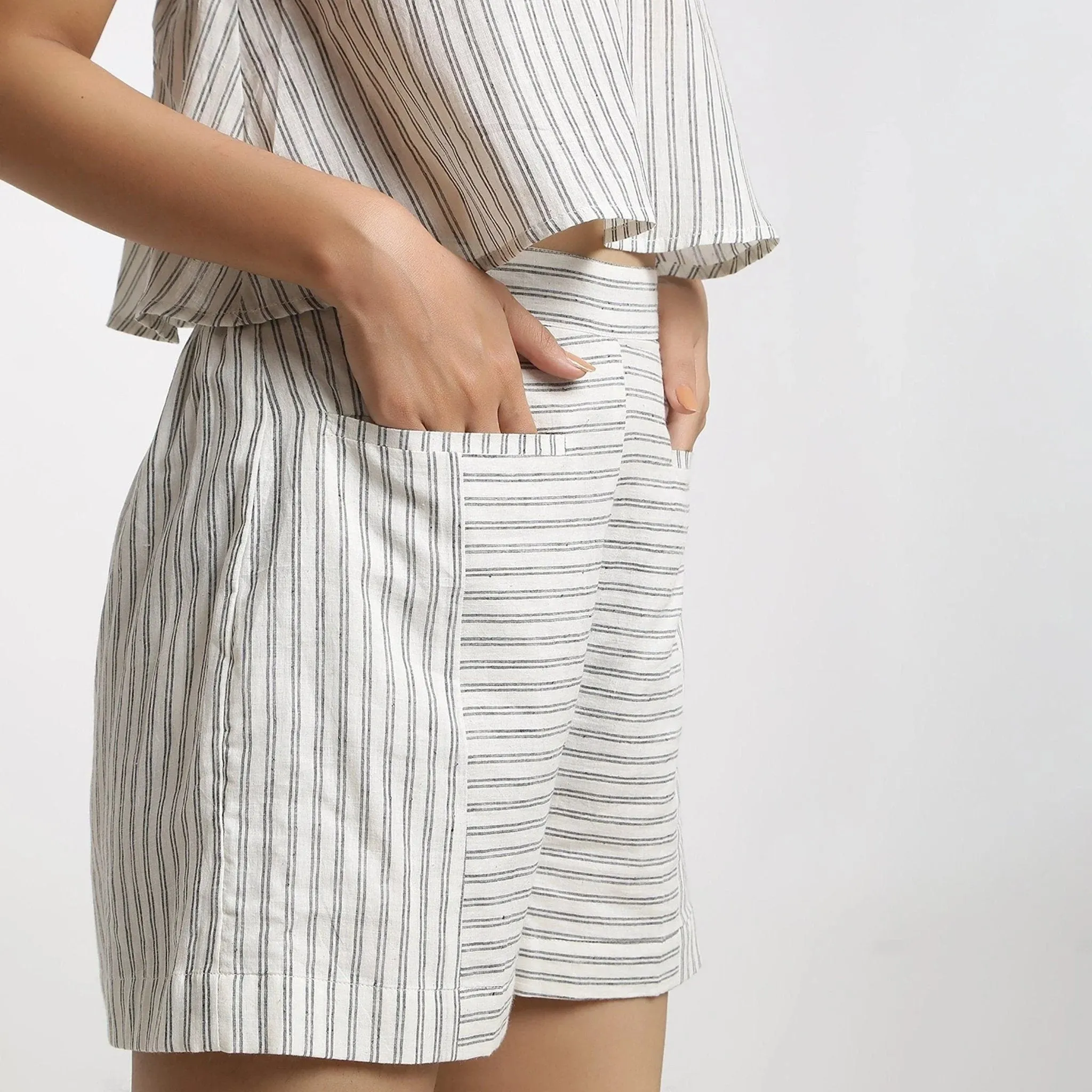Off-White Cotton Muslin Striped Paneled Elasticated Shorts