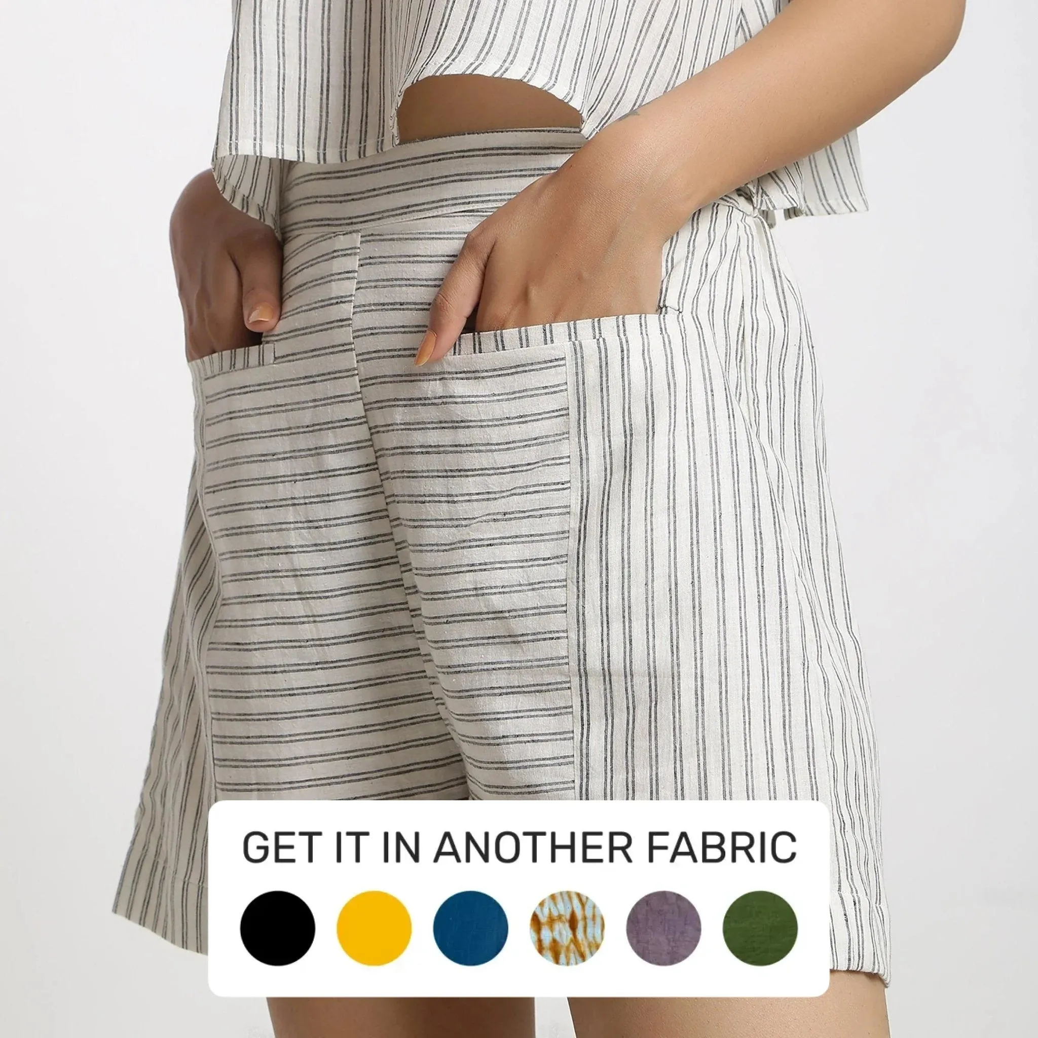 Off-White Cotton Muslin Striped Paneled Elasticated Shorts